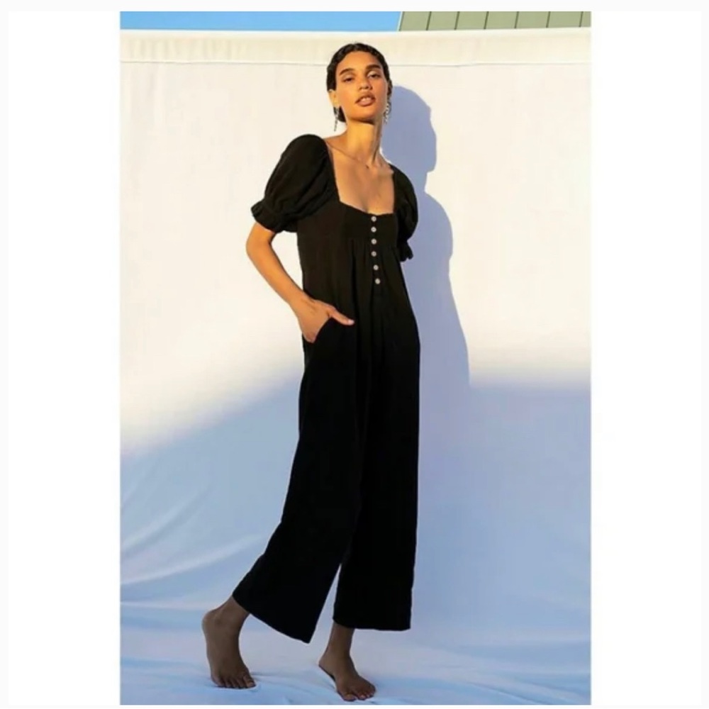 Free People Puffed Sleeve Black Smocked Romper Jumpsuit